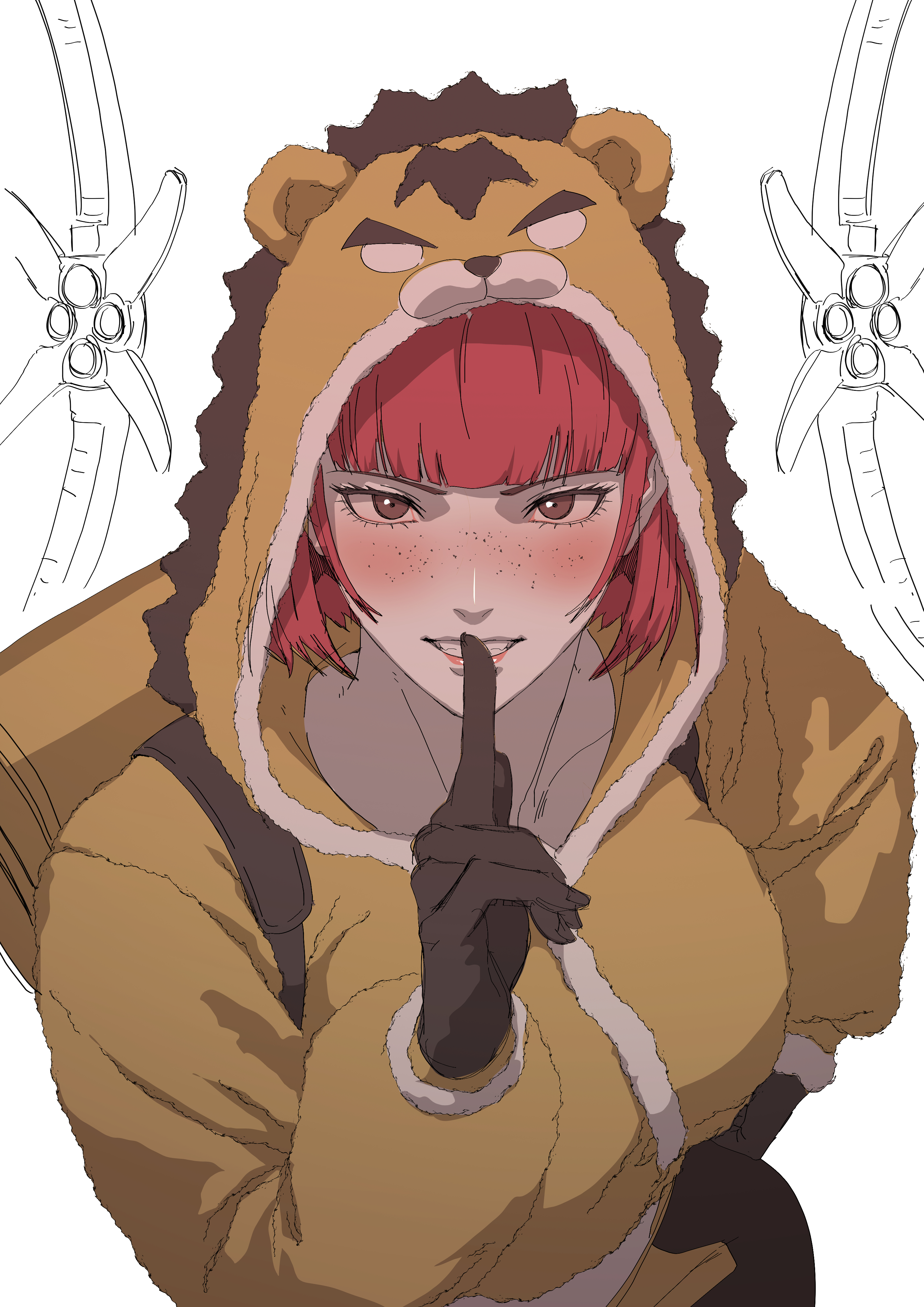conduit (apex legends), apex legends, absurdres, highres, 1girl, animal hood, bear hood, black gloves, blush, breasts, brown eyes, collarbone, finger to mouth, freckles, gloves, hand on own hip, hood, hood up, lionhearted conduit, looking at viewer, lullulalla, medium breasts, official alternate costume, parted lips, pink lips, red hair, short hair, shushing, simple background, smile, solo, white background