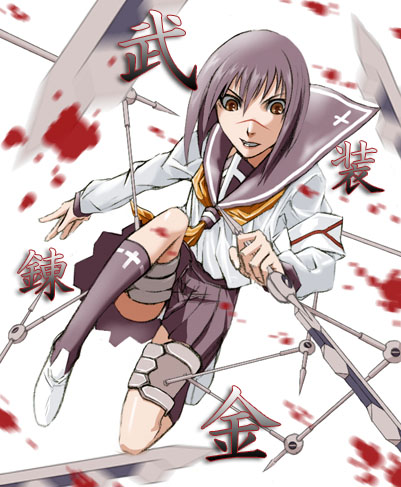 tsumura tokiko, busou renkin, lowres, 00s, blue hair, scar, school uniform, serafuku, valkyrie skirt, yellow eyes