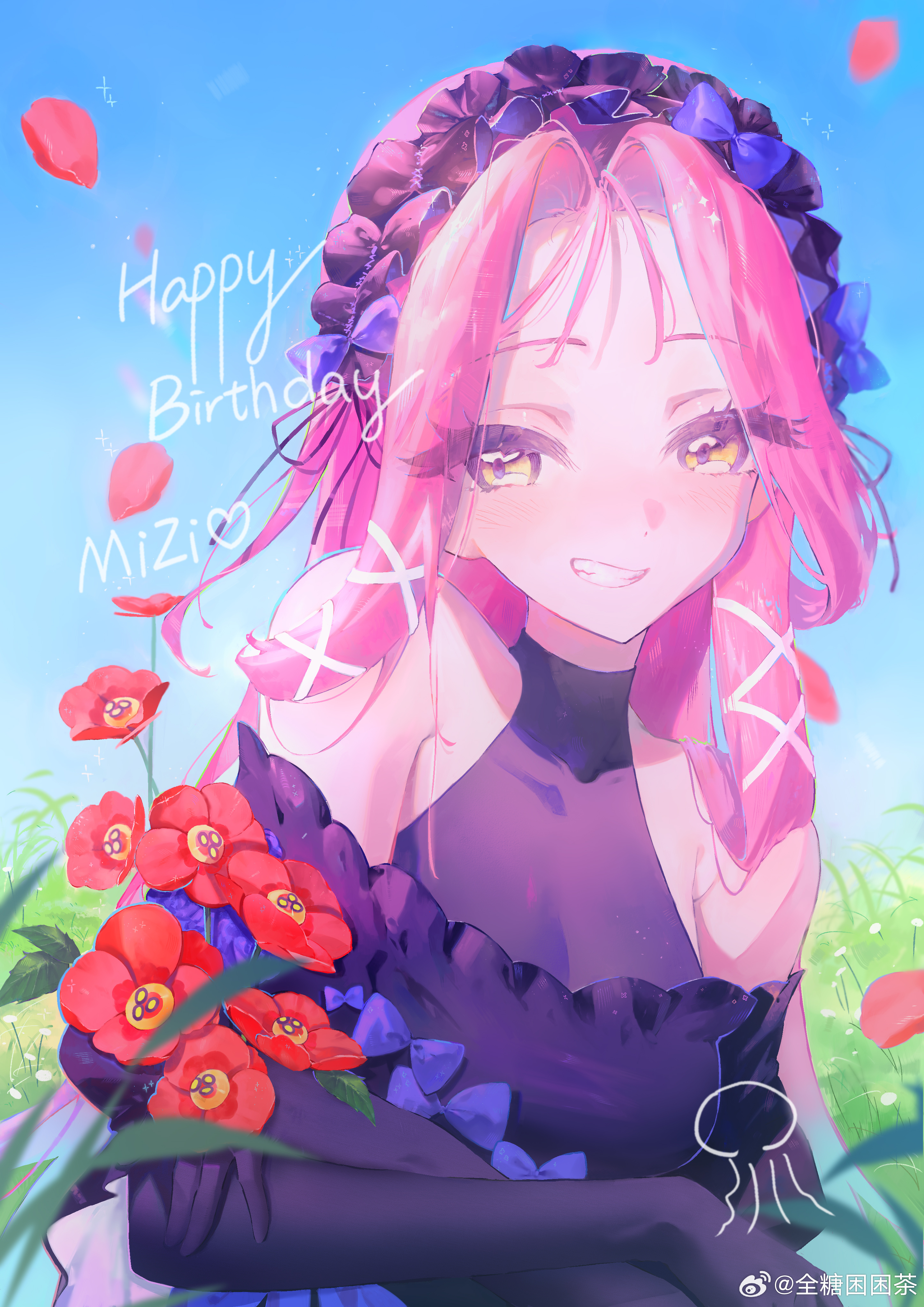 mizi (alien stage), alien stage, absurdres, artist request, chinese commentary, commentary request, commission, highres, second-party source, 1girl, alternate costume, birthday, black dress, black gloves, black hairband, clothing cutout, dress, elbow gloves, flower, frilled hairband, frills, gloves, grass, hair ornament, hair ribbon, hairband, happy birthday, jellyfish, long hair, pink hair, red flower, red petals, ribbon, shoulder cutout, smile, solo, watermark, weibo watermark, white ribbon, x hair ornament, yellow eyes