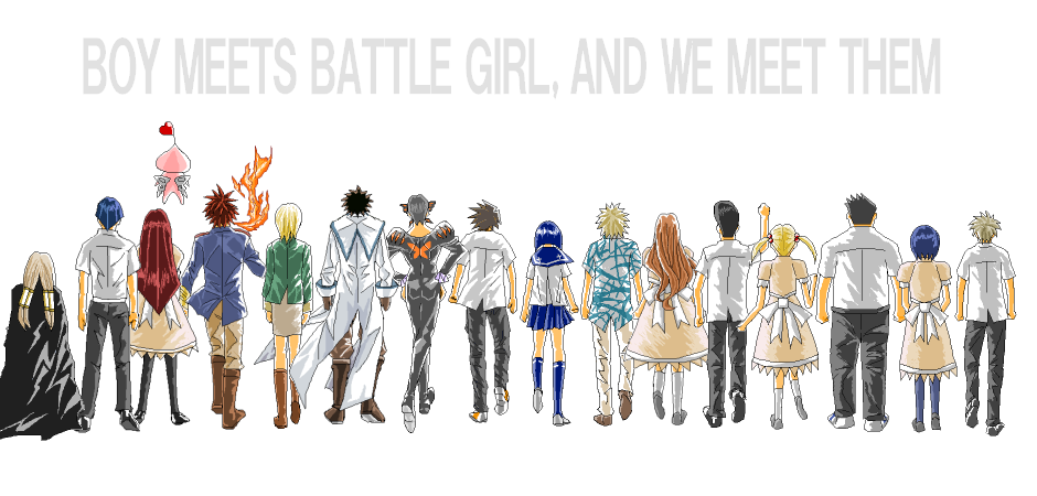 angel gozen (character), hayasaka ouka, hayasaka shusui, mutou kazuki, mutou mahiro, nakamura gouta, papillon, tsumura tokiko, busou renkin, black legwear, blue legwear, brown footwear, white legwear, character request, tagme, 00s, 1other, 6+boys, 6+girls, black hair, black pants, blonde hair, blue hair, blue jacket, boots, brown hair, chono koshaku, creature, floating, from behind, full body, green jacket, hands on own hips, jacket, long hair, miniskirt, multiple boys, multiple girls, pants, school uniform, serafuku, shirt, short hair, short sleeves, simple background, skirt, socks, standing, twintails, white background, white shirt