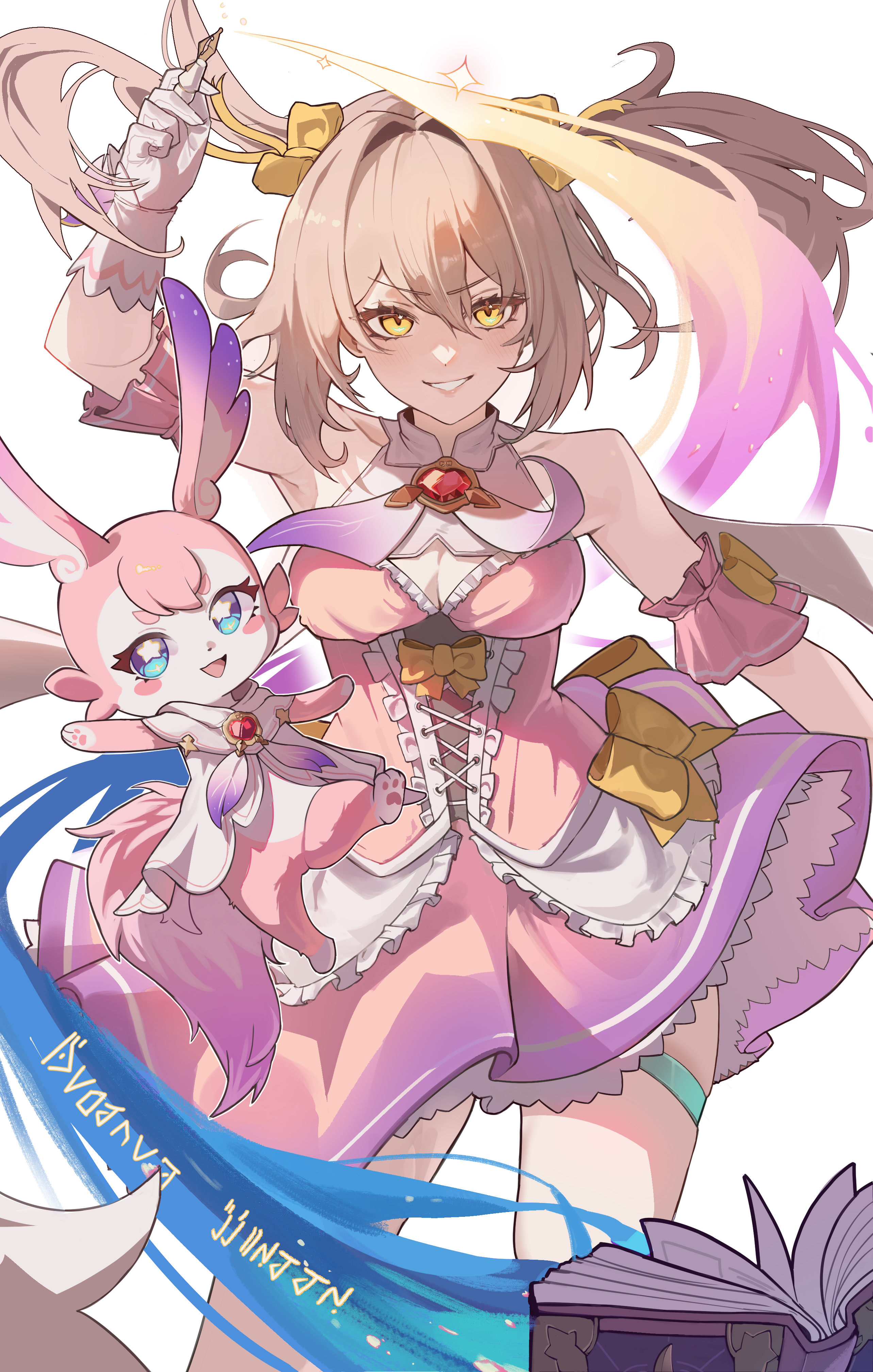 curryman (curryman06), mem (honkai: star rail), stelle (honkai: star rail), trailblazer (honkai: star rail), honkai: star rail, honkai (series), absurdres, commentary, english commentary, highres, 1girl, alternate costume, alternate hairstyle, arm up, armpits, bare shoulders, book, bow, breasts, cleavage, cleavage cutout, clothing cutout, dress, floating hair, gloves, grey hair, grin, hair between eyes, hair bow, hair intakes, holding, holding quill, large breasts, long hair, looking at viewer, magical girl, open book, petticoat, pink dress, quill, simple background, sleeveless, sleeveless dress, smile, thigh strap, twintails, white background, white gloves, yellow bow, yellow eyes