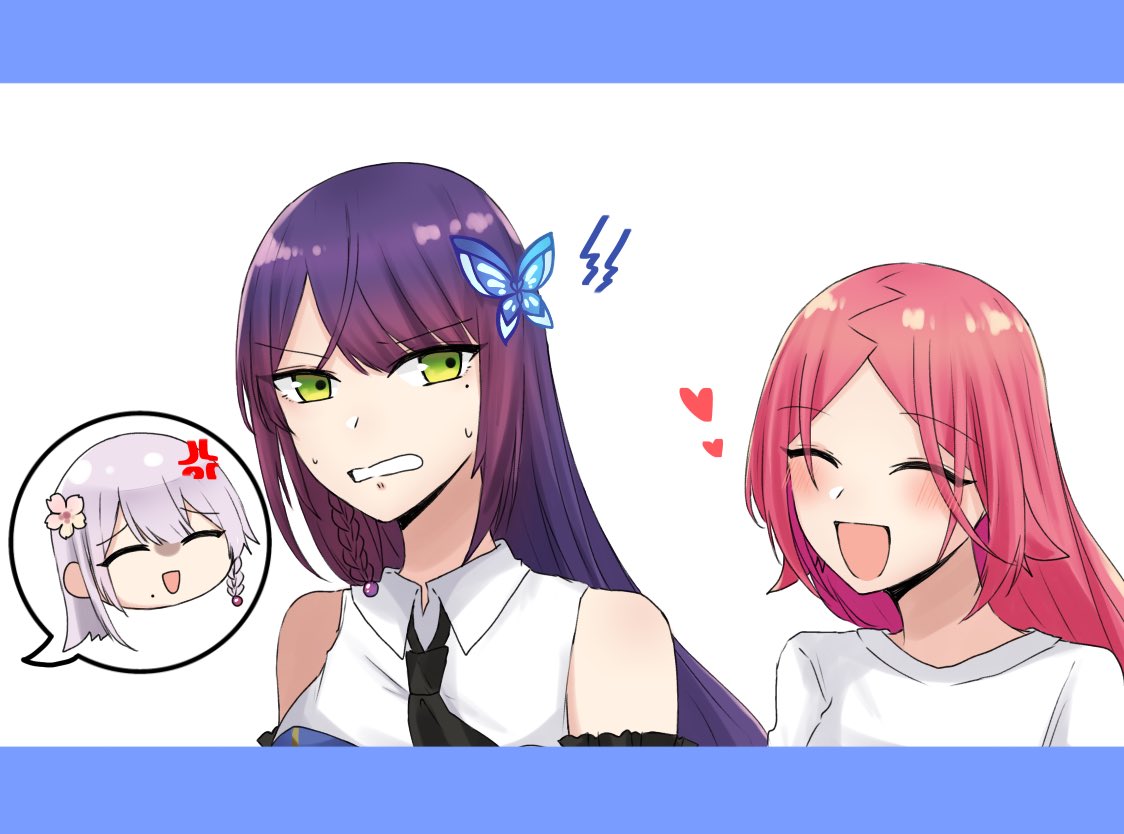 nigari (ngari 0115), funada kiito, funada ui, shiba tomoshibi, assault lily, commentary, 3girls, :d, ^ ^, anger vein, annoyed, arms at sides, black necktie, blush, braid, butterfly hair ornament, chibi, clenched teeth, closed eyes, collared shirt, detached sleeves, false smile, flower, green eyes, grey hair, hair flower, hair ornament, letterboxed, lightning bolt symbol, long hair, looking at another, looking to the side, mole, mole under eye, mole under mouth, multiple girls, necktie, odaiba girls high school uniform, open mouth, parted bangs, parted lips, pink flower, purple hair, red hair, school uniform, shirt, siblings, side braid, sideways glance, simple background, single braid, sisters, sleeveless, sleeveless shirt, smile, speech bubble, spoken character, sweat, teeth, upper body, v-shaped eyebrows, white background, white shirt