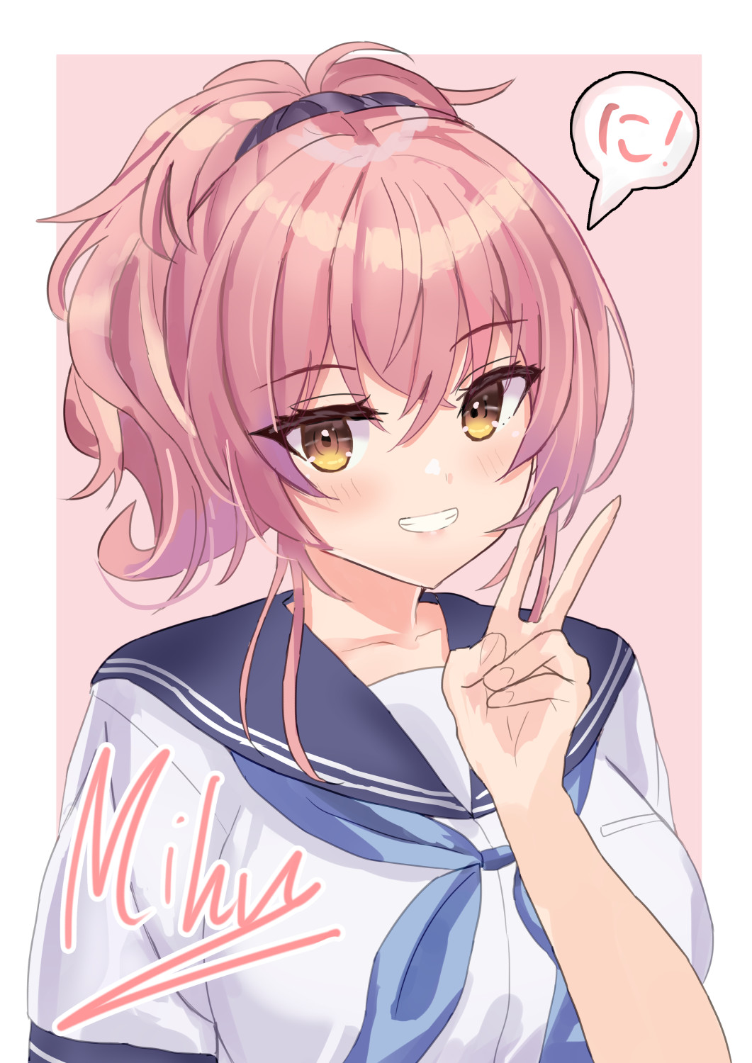 nowa2109, natsu e no hakobune, commentary request, highres, 1girl, :d, black scrunchie, blue neckerchief, blue sailor collar, blush, border, brown eyes, crossed bangs, eyelashes, eyes visible through hair, grin, hair between eyes, hair ornament, hair scrunchie, hand up, happy, looking at viewer, medium hair, neckerchief, open mouth, outside border, pink background, pink hair, ponytail, sailor collar, school uniform, scrunchie, serafuku, shirt, short sleeves, sidelocks, signature, simple background, smile, solo, speech bubble, takahagi miku, tsurime, upper body, v, white border, white shirt