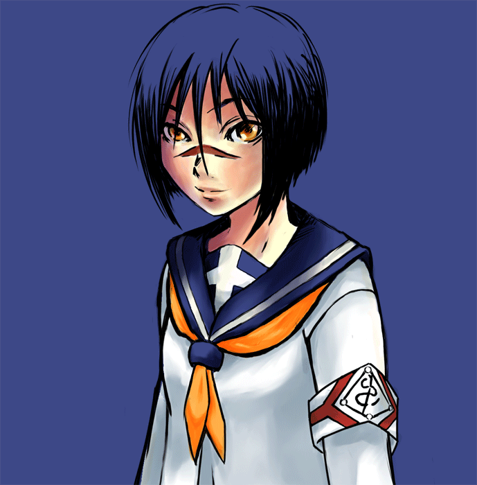 tsumura tokiko, busou renkin, 00s, blue hair, scar, school uniform, serafuku, yellow eyes