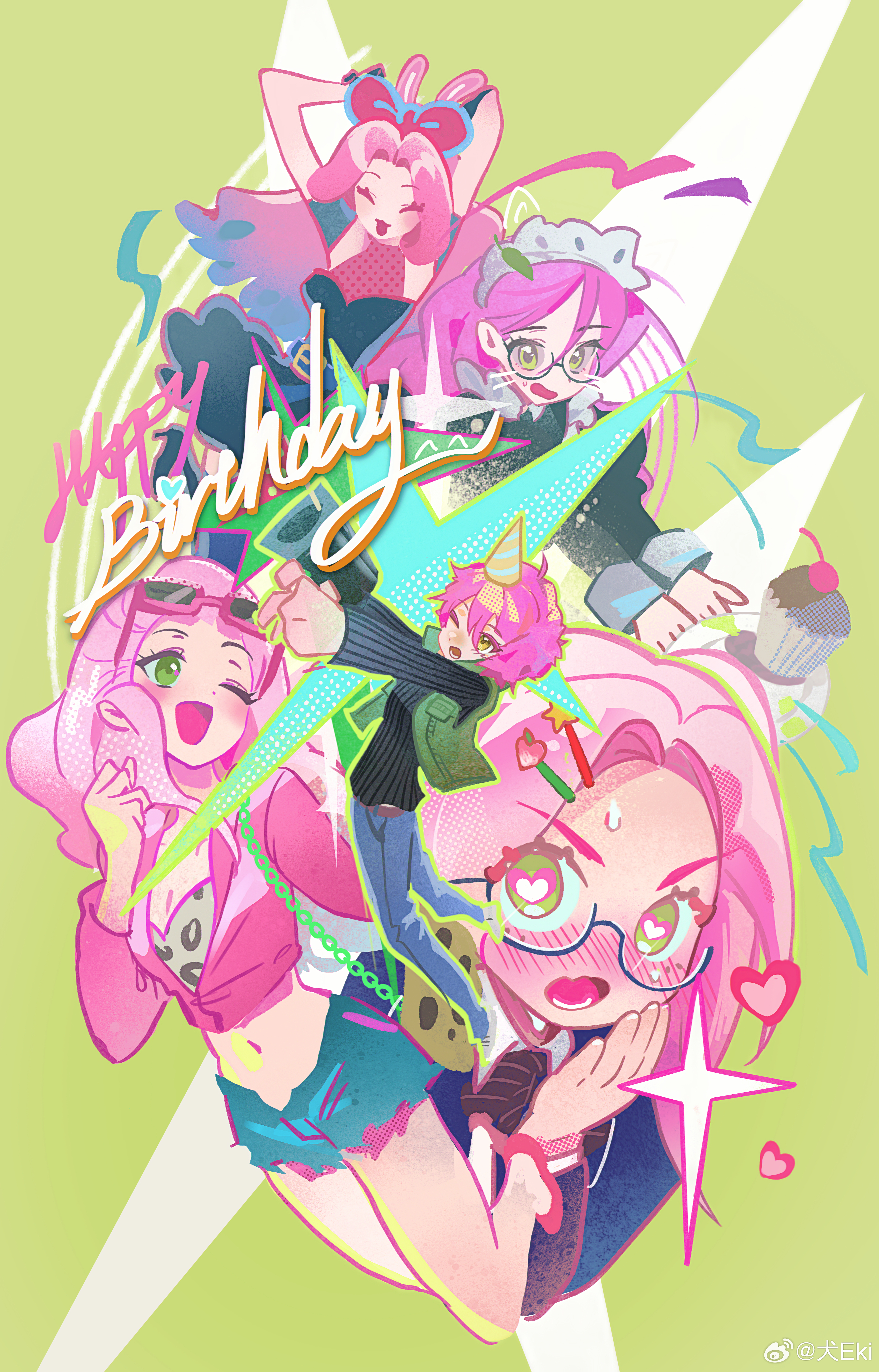 doggie eki, mizi (alien stage), alien stage, absurdres, chinese commentary, commentary request, highres, 5girls, aiming, animal ears, artist name, birthday, black shirt, blue hair, blush, bow, crop top, cupcake, denim, denim shorts, eyewear on head, food, food-themed hair ornament, glasses, gradient hair, green eyes, green vest, gun, hair bow, hair ornament, hairclip, happy birthday, hat, heart, heart-shaped pupils, holding, holding gun, holding weapon, jacket, long hair, long sleeves, maid headdress, multicolored hair, multiple girls, multiple persona, navel, one eye closed, party hat, peach hair ornament, pink-framed eyewear, pink hair, pink jacket, rabbit ears, red bow, shirt, short hair, shorts, star (symbol), star hair ornament, sunglasses, symbol-shaped pupils, two-tone hair, vest, watermark, weapon, weibo watermark