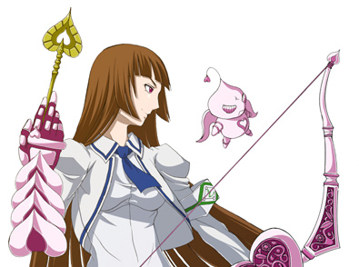 angel gozen (character), hayasaka ouka, busou renkin, lowres, 00s, 1girl, 1other, angel gozen (weapon), arrow (projectile), bow (weapon), brown eyes, brown hair, creature, floating, long hair, school uniform, simple background, upper body, weapon, white background