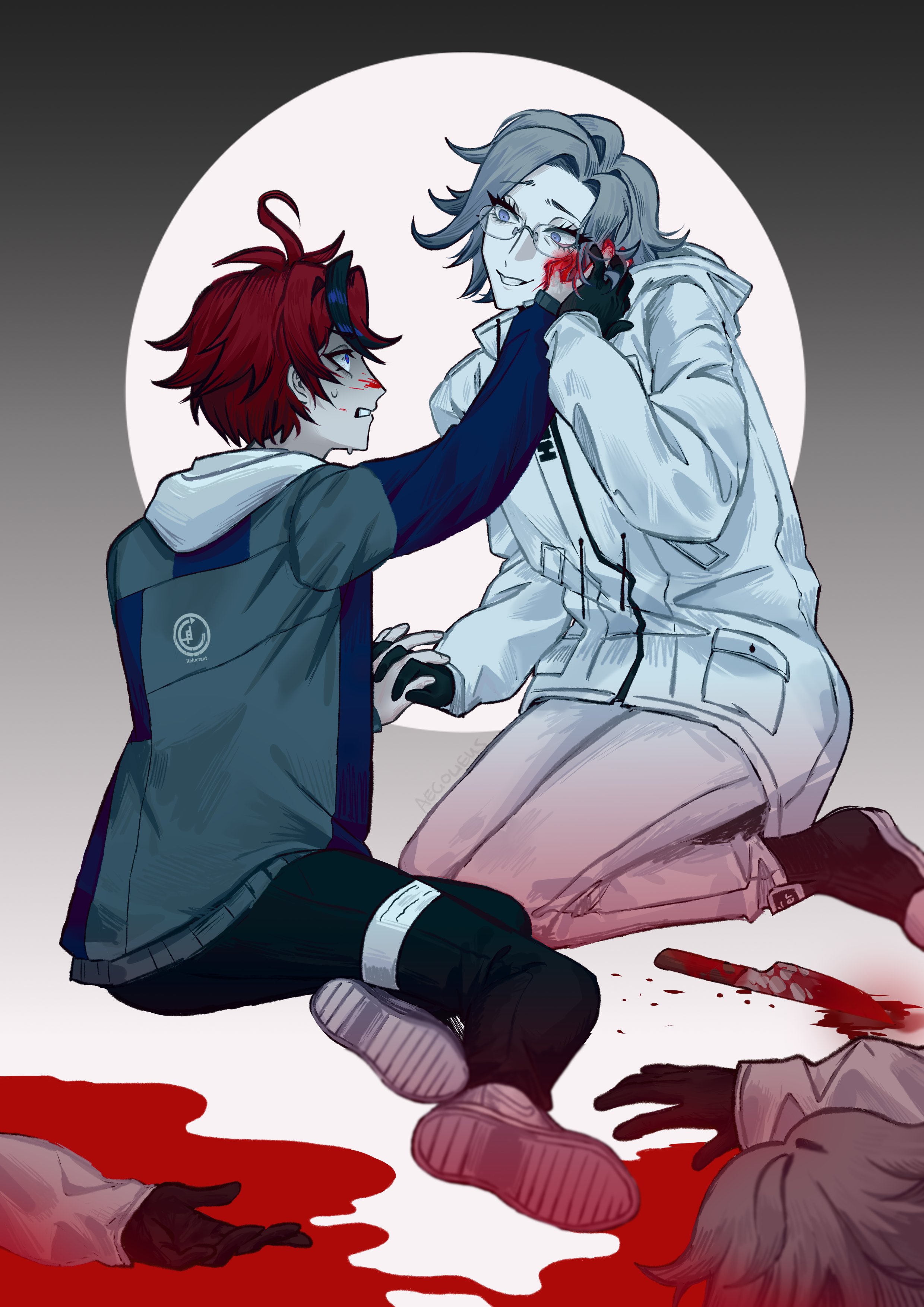 aotsuki eito, sumino takumi, the hundred line -last defense academy-, absurdres, commentary, english commentary, highres, 2boys, aegolieus, ahoge, black gloves, black pants, black shoes, black streaks, blood, blood on face, blood on hands, bloody knife, blue eyes, blue jacket, clenched teeth, clone, corpse, evil grin, evil smile, glasses, gloves, gradient background, grey background, grey hair, grey jacket, grin, hand grab, holding hands, hood, hoodie, interlocked fingers, jacket, jacket over hoodie, knife, looking at another, male focus, multicolored hair, multicolored jacket, multiple boys, pants, pool of blood, purple eyes, red hair, seiza, shoes, short hair, sitting, smile, streaked hair, teeth, two-tone jacket, white background, white hoodie, white jacket, white pants, white shoes, wide-eyed, yaoi