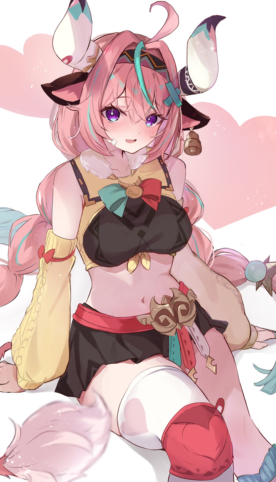 pokeeeo o, varesa (genshin impact), genshin impact, commentary request, highres, 1girl, ahoge, animal ears, aqua hair, arm support, asymmetrical legwear, bare shoulders, belt, black skirt, breasts, cow ears, cow girl, cow tail, crop top, detached sleeves, ear bell, heart, heart background, horns, large breasts, looking at viewer, midriff, miniskirt, multicolored hair, navel, open mouth, pink hair, pink tail, pleated skirt, purple eyes, red belt, single thighhigh, sitting, skirt, solo, streaked hair, tail, thighhighs, white horns, white thighhighs, yellow sleeves