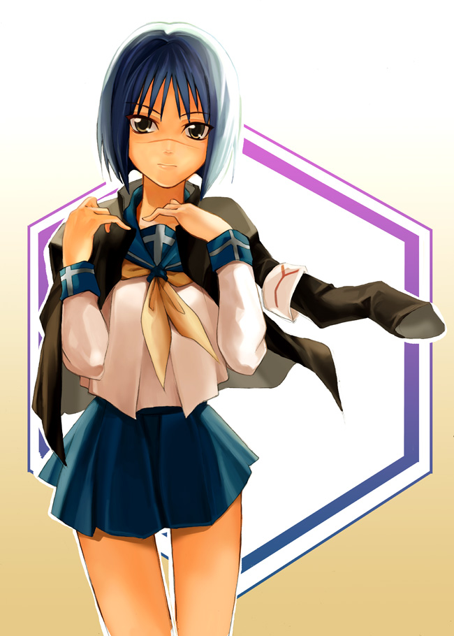 tsumura tokiko, busou renkin, 00s, 1girl, blue hair, blue sailor collar, bob cut, brown eyes, female focus, gakuran, sailor collar, scar, scar on face, scar on nose, school uniform, serafuku, short hair, skirt, solo, yellow eyes