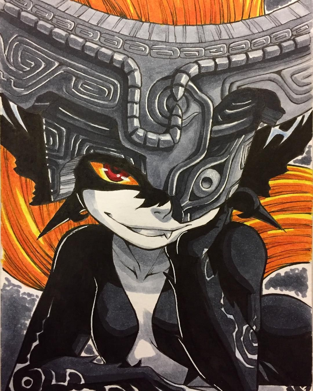 midna, nintendo, the legend of zelda, the legend of zelda: twilight princess, absurdres, highres, 1girl, black skin, blonde hair, breasts, collarbone, colored sclera, colored skin, curvy, elbows on table, fang, fang out, grin, helmet, leaning forward, long hair, looking at viewer, multicolored skin, one eye covered, orange hair, plump, pointy ears, ponytail, red eyes, resting head on hand, seductive gaze, seductive smile, sharp teeth, shortstack, small breasts, smile, solo, tattoo, teeth, thighs, two-tone skin, very long hair, yellow sclera