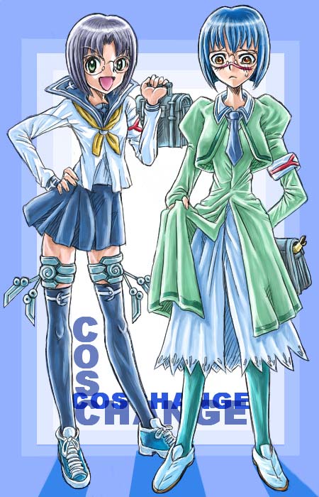 tsumura tokiko, busou renkin, 00s, blue hair, glasses, green eyes, scar, school uniform, serafuku, valkyrie skirt, yellow eyes