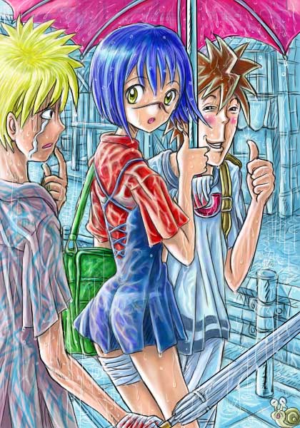 mitsurou, mutou kazuki, nakamura gouta, tsumura tokiko, busou renkin, 00s, 1girl, 2boys, bandages, blonde hair, blue hair, blush, bra, brown hair, crying, eye contact, gloom (expression), guard rail, looking at another, looking back, multiple boys, outdoors, panties, pointing, pointing at self, rain, road, scar, skinny, smile, smug, snail, streaming tears, street, tears, thumbs up, umbrella, underwear, wet, wet clothes, yellow eyes