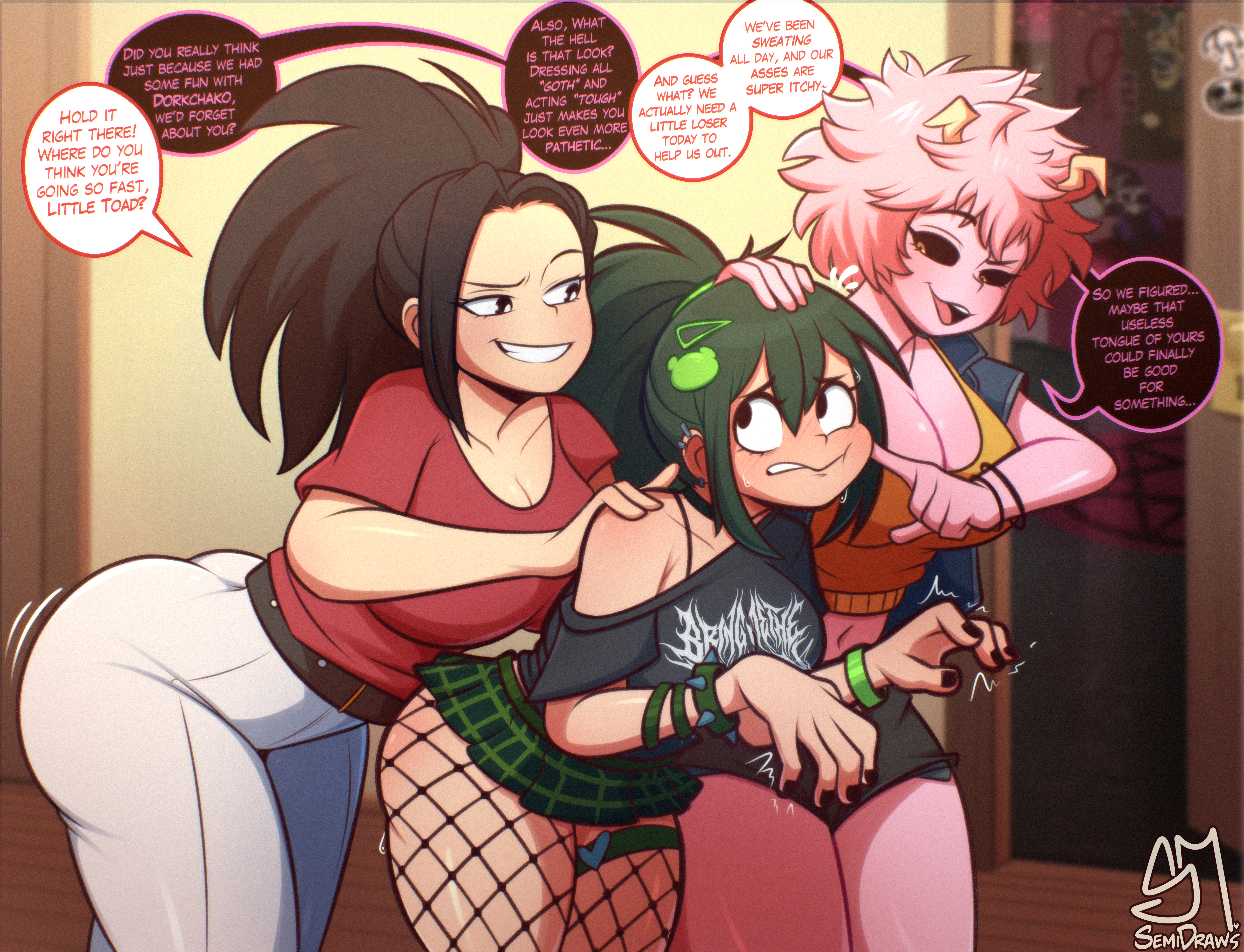 semi draws, ashido mina, asui tsuyu, yaoyorozu momo, boku no hero academia, 3girls, alternate costume, antennae, artist logo, ass, black eyes, black nails, black sclera, black shirt, black shorts, black thighhighs, blue jacket, bracelet, breasts, clenched teeth, collarbone, colored sclera, colored skin, ear piercing, embarrassed, english text, eyelashes, female focus, fingernails, fishnet pantyhose, fishnets, goth fashion, green hair, green skirt, grin, hand on another's head, hand on another's shoulder, huge ass, index finger raised, indoors, jacket, jewelry, large breasts, leaning forward, logo, long hair, looking at another, messy hair, miniskirt, multiple girls, nail polish, naughty face, navel, nervous, off-shoulder shirt, off shoulder, open clothes, open jacket, open mouth, orange tank top, pants, pantyhose, petite, piercing, pink shirt, pink skin, ponytail, red shirt, shirt, short hair, short sleeves, shorts, single off shoulder, size difference, skirt, smile, speech bubble, spiked bracelet, spikes, standing, t-shirt, tank top, teeth, thighhighs, upper teeth only, white pants, wide hips, yellow eyes, yuri