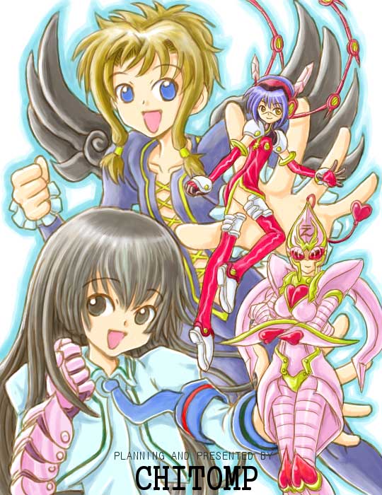 mitsurou, angel gozen (character), hayasaka ouka, hikaru (angelic layer), kobayashi hatoko, suzuhara misaki, tsumura tokiko, angelic layer, busou renkin, blue neckwear, gender request, tagme, 00s, black hair, blonde hair, blue eyes, blue hair, brown hair, crossover, long hair, multiple girls, necktie, scar, school uniform, serafuku, smile, yellow eyes