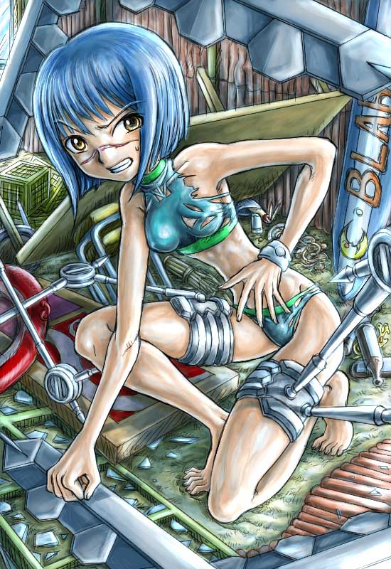 tsumura tokiko, busou renkin, 00s, blue hair, scar, swimsuit, valkyrie skirt, yellow eyes