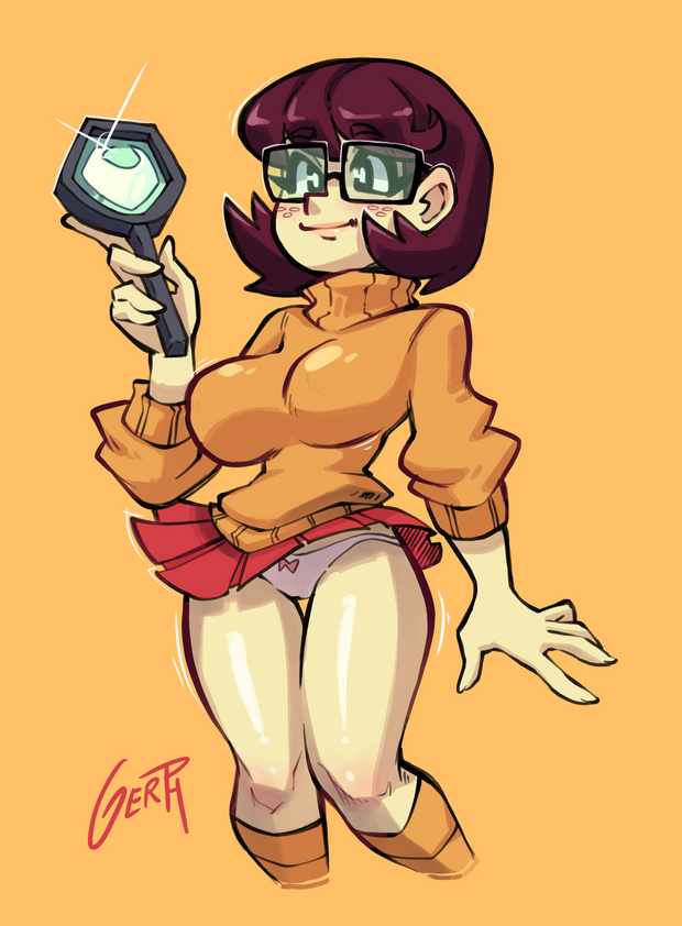 gerph, velma dinkley, hanna-barbera, scooby-doo, 1girl, black eyes, blush, bow, bow panties, breasts, brown hair, freckles, glasses, holding, holding magnifying glass, kneehighs, large breasts, long sleeves, magnifying glass, orange background, orange socks, orange sweater, panties, pink bow, pink panties, red skirt, short hair, skirt, smile, socks, sparkle, standing, sweater, underwear, wind, wind lift