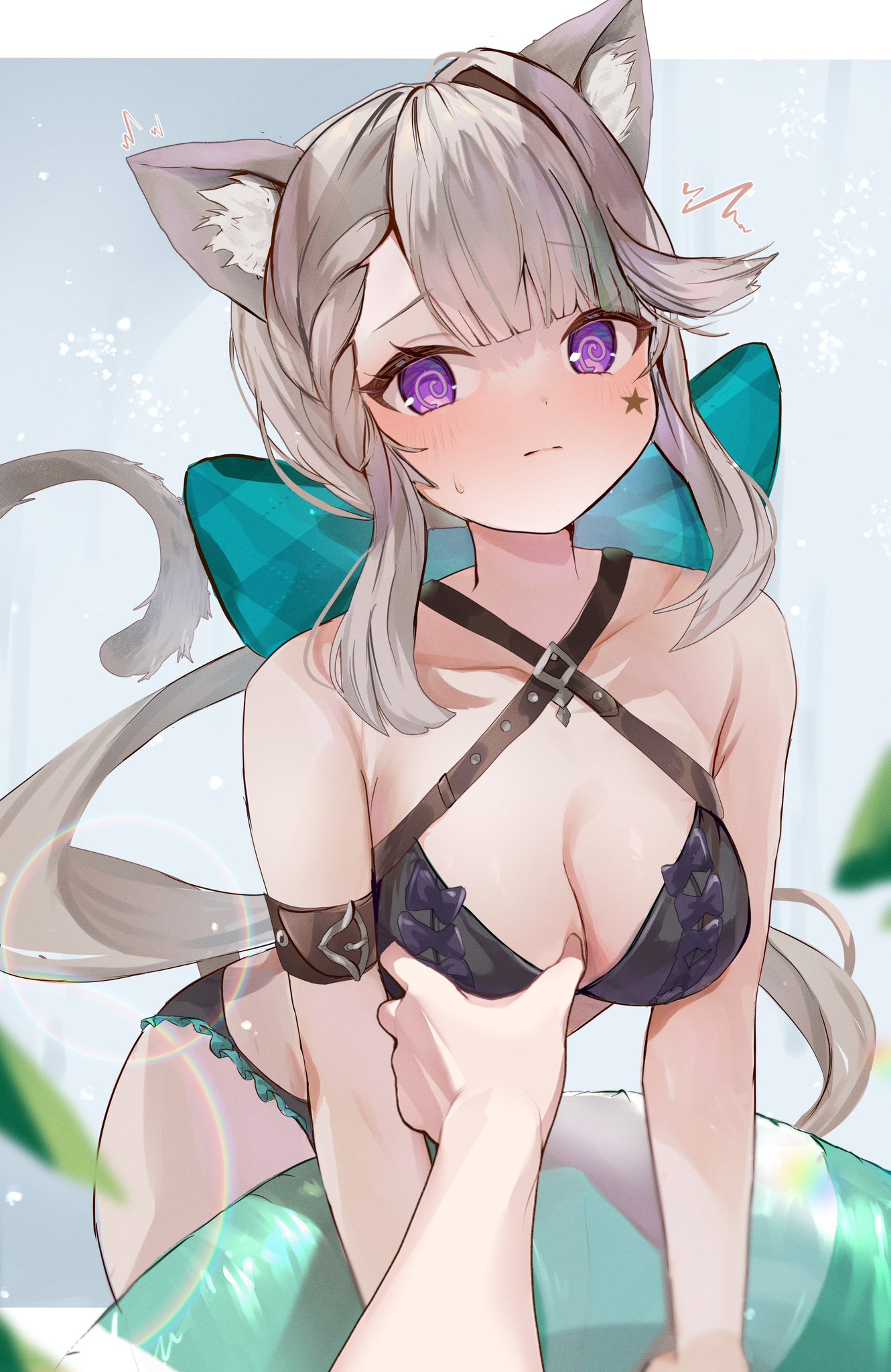 pokeeeo o, lynette (genshin impact), genshin impact, commentary, highres, symbol-only commentary, 1girl, @ @, alternate costume, animal ears, aqua bow, bare shoulders, bikini, black bikini, blush, bow, braid, braided bangs, breasts, brown hair, cat ears, cat girl, cat tail, cleavage, closed mouth, collarbone, criss-cross halter, facial mark, frilled bikini, frills, grabbing another's breast, groping, hair bow, halterneck, long hair, looking at viewer, low ponytail, medium breasts, meme, navel, ponytail, pov, pov cheek grabbing (meme), pov hands, purple eyes, solo focus, star (symbol), star facial mark, swimsuit, tail