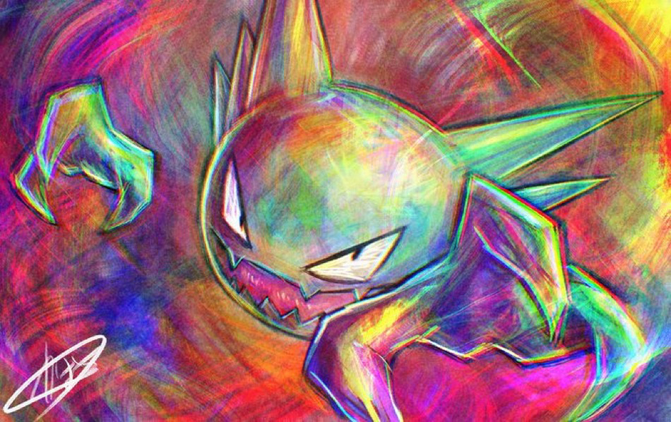 kaosu (kaosu0905), haunter, nintendo, pokemon, commentary request, gen 1 pokemon, no humans, open mouth, pokemon (creature), pokemon focus, rayman limbs, signature, smile, solo, v-shaped eyes