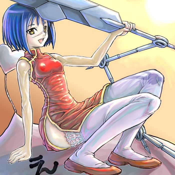 mitsurou, tsumura tokiko, busou renkin, 00s, blue hair, scar, valkyrie skirt, yellow eyes