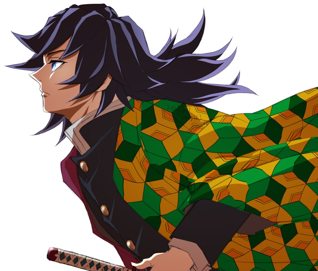 tomioka giyuu, kimetsu no yaiba, 1boy, black hair, blue eyes, buttons, closed mouth, demon slayer uniform, haori, i met maria 02, japanese clothes, katana, long hair, low ponytail, male focus, ponytail, print haori, profile, red haori, simple background, solo, spiked hair, sword, upper body, weapon, white background