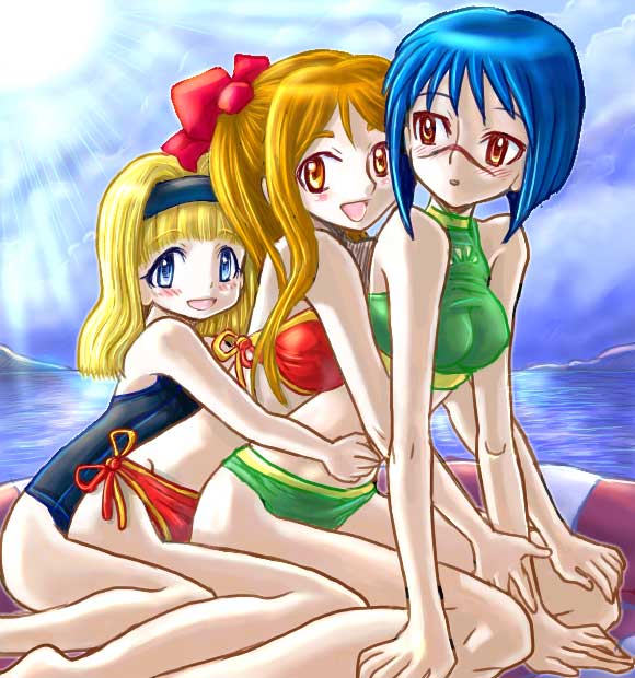 mitsurou, mutou mahiro, tsumura tokiko, busou renkin, 00s, blonde hair, blue eyes, blue hair, brown eyes, scar, swimsuit, yellow eyes