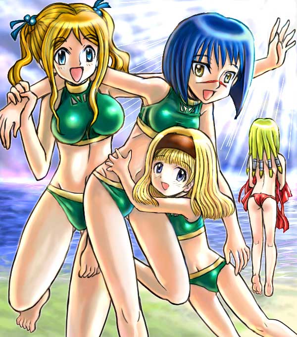 mitsurou, mutou mahiro, tsumura tokiko, busou renkin, 00s, blonde hair, blue eyes, blue hair, scar, swimsuit, yellow eyes