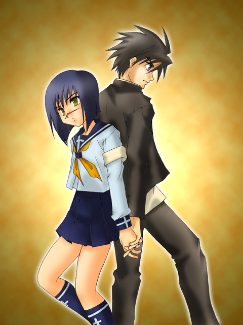 mutou kazuki, tsumura tokiko, busou renkin, 00s, blue hair, brown hair, scar, school uniform, serafuku, yellow eyes
