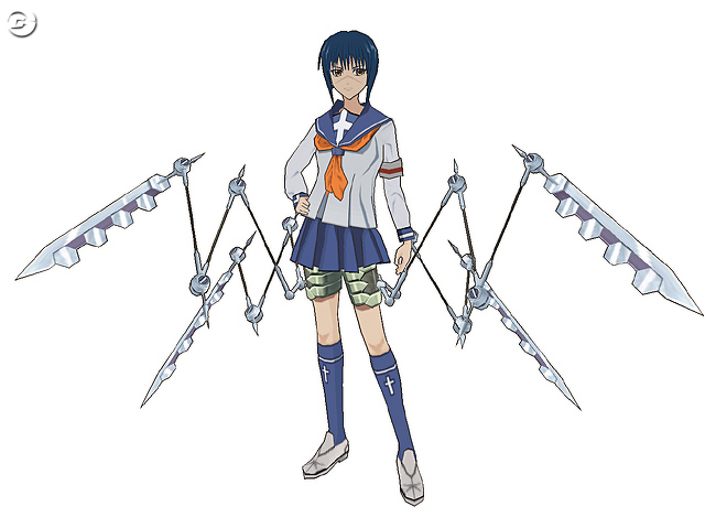 tsumura tokiko, busou renkin, 00s, blue hair, scar, school uniform, serafuku, valkyrie skirt, yellow eyes