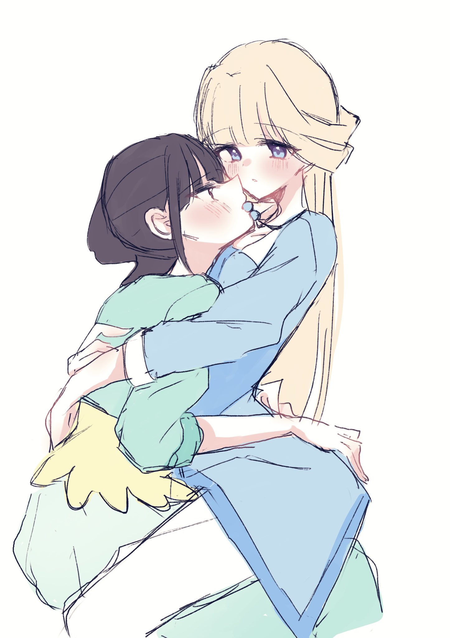 rita (myyk rrnyam), nekoyashiki mayu, nekoyashiki yuki, precure, wonderful precure!, highres, 2girls, aqua jacket, blonde hair, blue dress, blue eyes, blush, brown eyes, brown hair, dress, half updo, hands on another's waist, jacket, long hair, multiple girls, shirt, simple background, sitting, sitting on lap, sitting on person, white background, yellow shirt, yuri