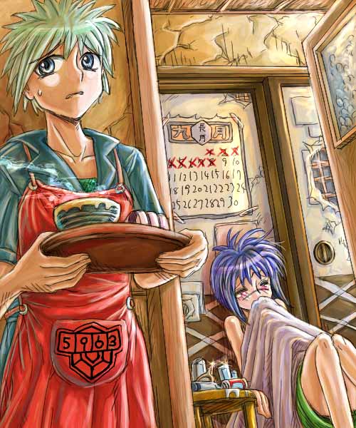 nakamura gouta, tsumura tokiko, busou renkin, 00s, blue eyes, blue hair, scar