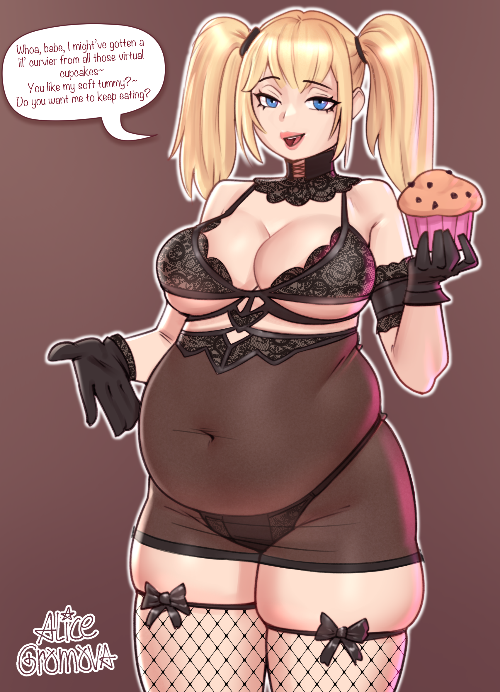 alice gromova, ani (xai), xai (company), commentary, english commentary, highres, paid reward available, 1girl, alternate body size, artist name, big belly, black bow, black bra, black gloves, black panties, black skirt, black thighhighs, blonde hair, blue eyes, bow, bra, breasts, brown hair, cleavage, covered navel, english text, fat, food, gloves, hair behind ear, high-waist skirt, holding, holding food, large breasts, lingerie, looking at viewer, muffin, open mouth, panties, pink lips, see-through clothes, see-through skirt, skindentation, skirt, smile, solo, speech bubble, thighhighs, twintails, underwear