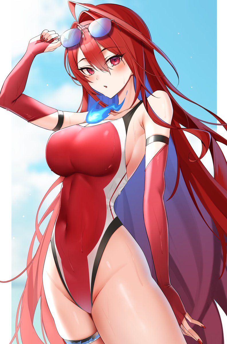 gawawawa, elizabeth rose bloodflame, elizabeth rose bloodflame (holonatsu paradise), hololive, hololive english, holonatsu paradise, commentary, highres, symbol-only commentary, 1girl, :o, adjusting eyewear, ahoge, arm at side, arm strap, armpit crease, blue fire, blue hair, blush, breasts, bridal gauntlets, casual one-piece swimsuit, cleavage, colored inner hair, covered navel, eyewear on head, fingernails, fire, fire on chest, groin, hair between eyes, hand up, highleg, highleg one-piece swimsuit, huge ahoge, large breasts, long hair, multicolored hair, nail polish, official alternate costume, one-piece swimsuit, pillarboxed, red eyes, red hair, red nails, red one-piece swimsuit, single hair intake, solo, sunglasses, swimsuit, thigh strap, very long hair, virtual youtuber, wet, wet clothes, wet swimsuit
