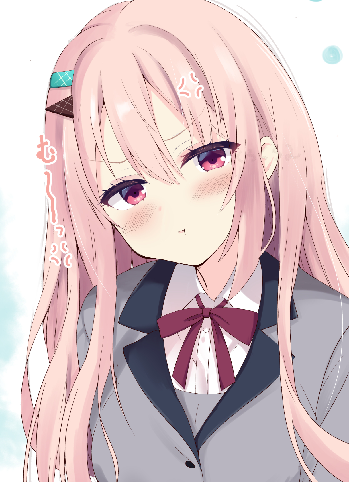 purunyara, commentary request, highres, 1girl, :i, anger vein, blush, bow, bowtie, closed mouth, collared shirt, eyelashes, eyes visible through hair, grey jacket, hair between eyes, hair ornament, hairclip, harumi ena, jacket, limelight lemonade jam, long hair, looking at viewer, parallel hairclips, pink hair, pout, red bow, red bowtie, red eyes, school uniform, shirt, simple background, solo, sound effects, straight hair, tsurime, upper body, v-shaped eyebrows, very long hair, watermark, white background, white shirt