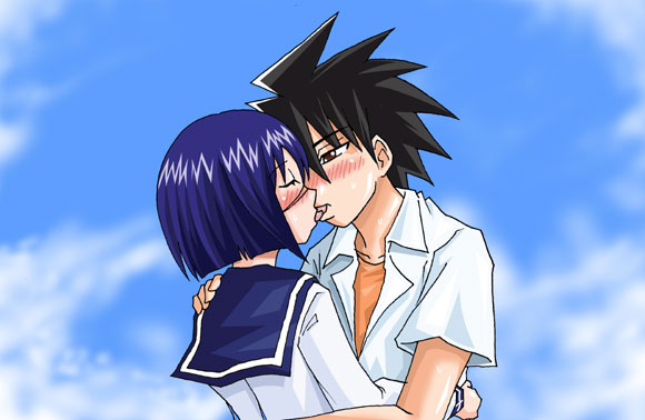 mutou kazuki, tsumura tokiko, busou renkin, 00s, blue hair, blush, brown hair, kiss, scar, school uniform, serafuku