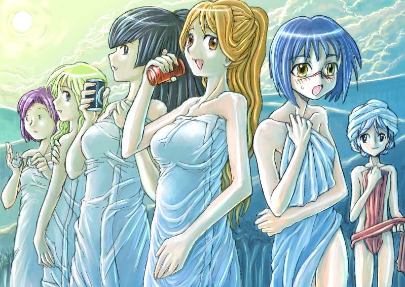 mitsurou, hayasaka ouka, mutou mahiro, tsumura tokiko, busou renkin, character request, 00s, 3 3, 6+girls, black hair, blonde hair, blue eyes, blue hair, breasts, brown eyes, brown hair, cloud, cowboy shot, glasses, long hair, looking at viewer, medium breasts, mountainous horizon, multiple girls, naked towel, outdoors, purple hair, scar, short hair, sky, standing, sun, sweatdrop, towel, tree, unworn eyewear, yellow eyes