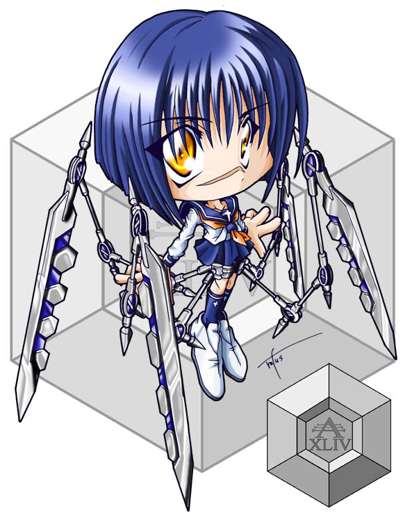 tsumura tokiko, busou renkin, 00s, blue hair, box, scar, school uniform, serafuku, valkyrie skirt, yellow eyes