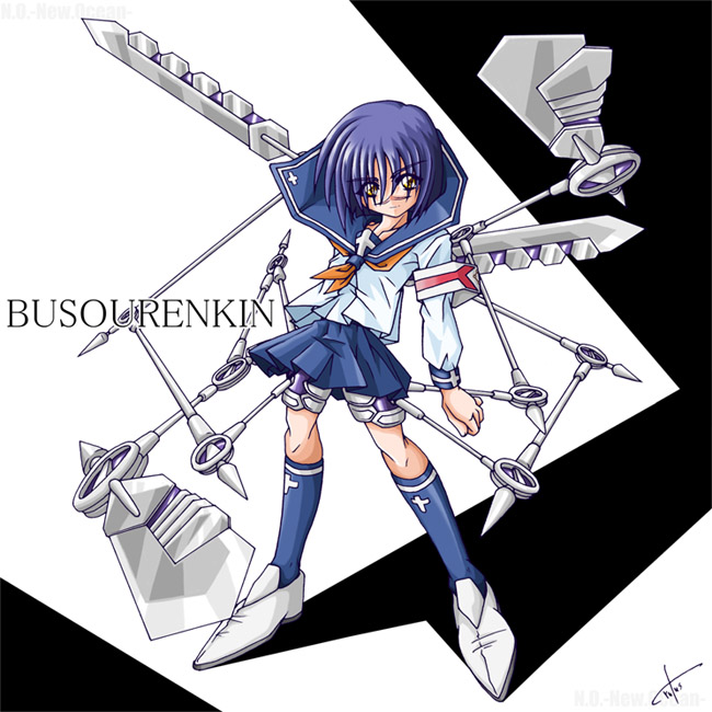 tsumura tokiko, busou renkin, 00s, blue hair, scar, school uniform, serafuku, valkyrie skirt, yellow eyes