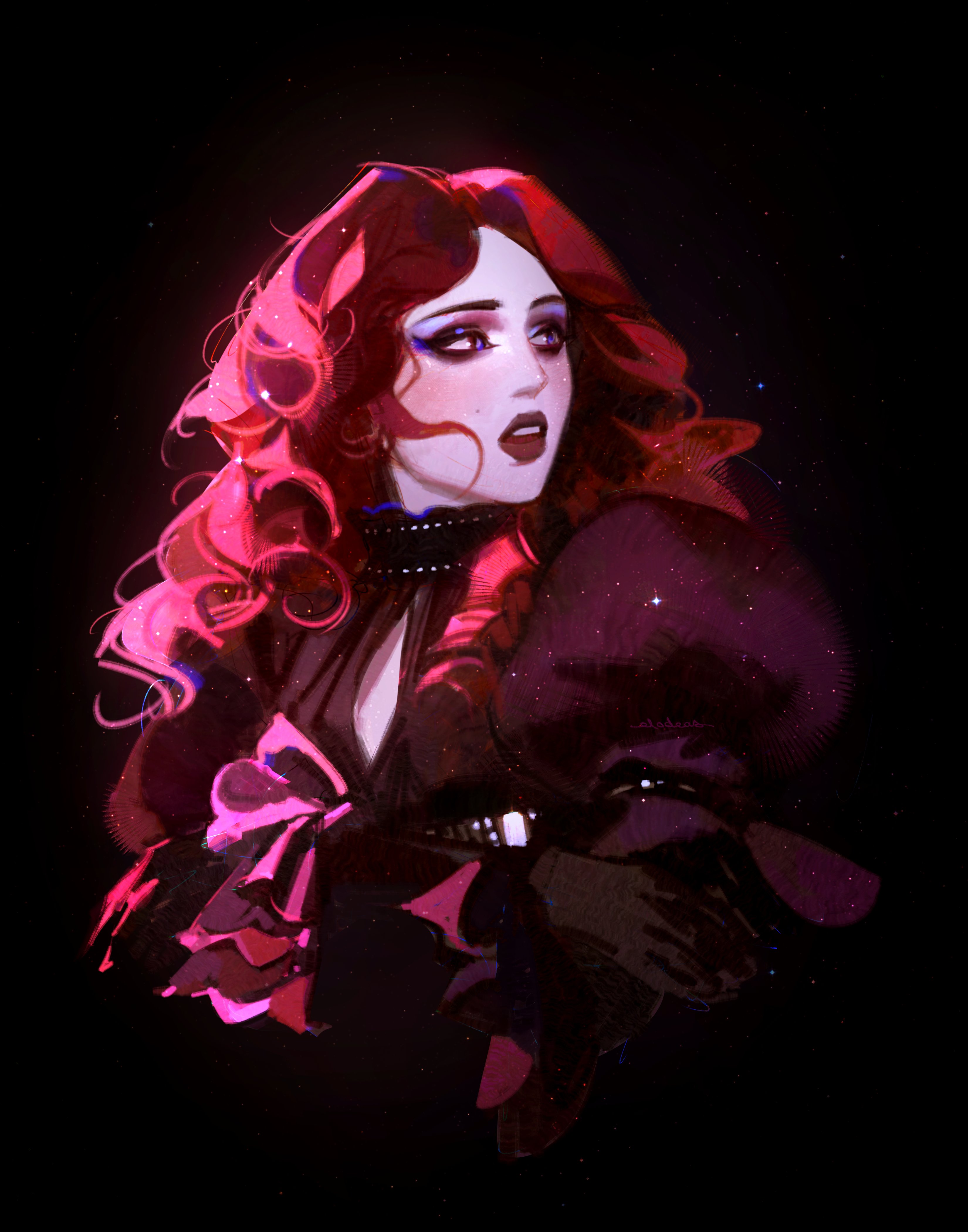 elodeas, chappell roan, real life, absurdres, commentary, english commentary, highres, 1girl, black background, black eyeliner, black gloves, black shirt, chappell roan (person), cleavage cutout, clothing cutout, curly hair, eyeliner, gloves, long hair, looking to the side, makeup, parted lips, puffy sleeves, red hair, shirt, solo
