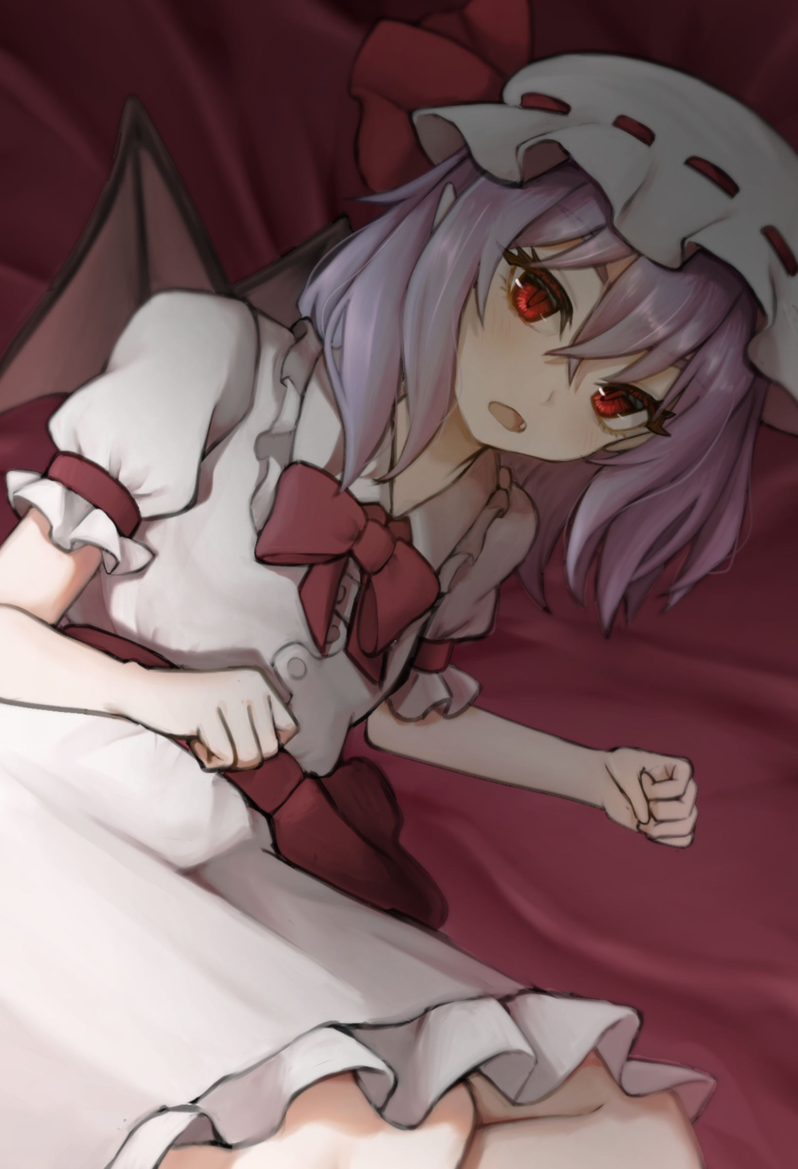 remilia scarlet, touhou, absurdres, commentary, highres, 1girl, azumayu, bat wings, bow, bowtie, buttons, collared shirt, fang, feet out of frame, frilled skirt, frills, from above, hat, hat ribbon, light blush, lying, medium hair, mob cap, on side, open mouth, pointy ears, puffy short sleeves, puffy sleeves, purple hair, red background, red bow, red bowtie, red eyes, red ribbon, red sash, ribbon, sash, shirt, short sleeves, skirt, solo, thick eyebrows, white hat, white shirt, white skirt, wings