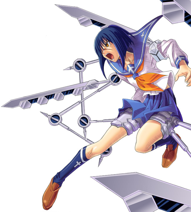 tsumura tokiko, busou renkin, non-web source, 00s, 1girl, angry, blue hair, blue sailor collar, bob cut, female focus, kneehighs, sailor collar, scar, school uniform, serafuku, socks, solo, valkyrie skirt, weapon, yellow eyes