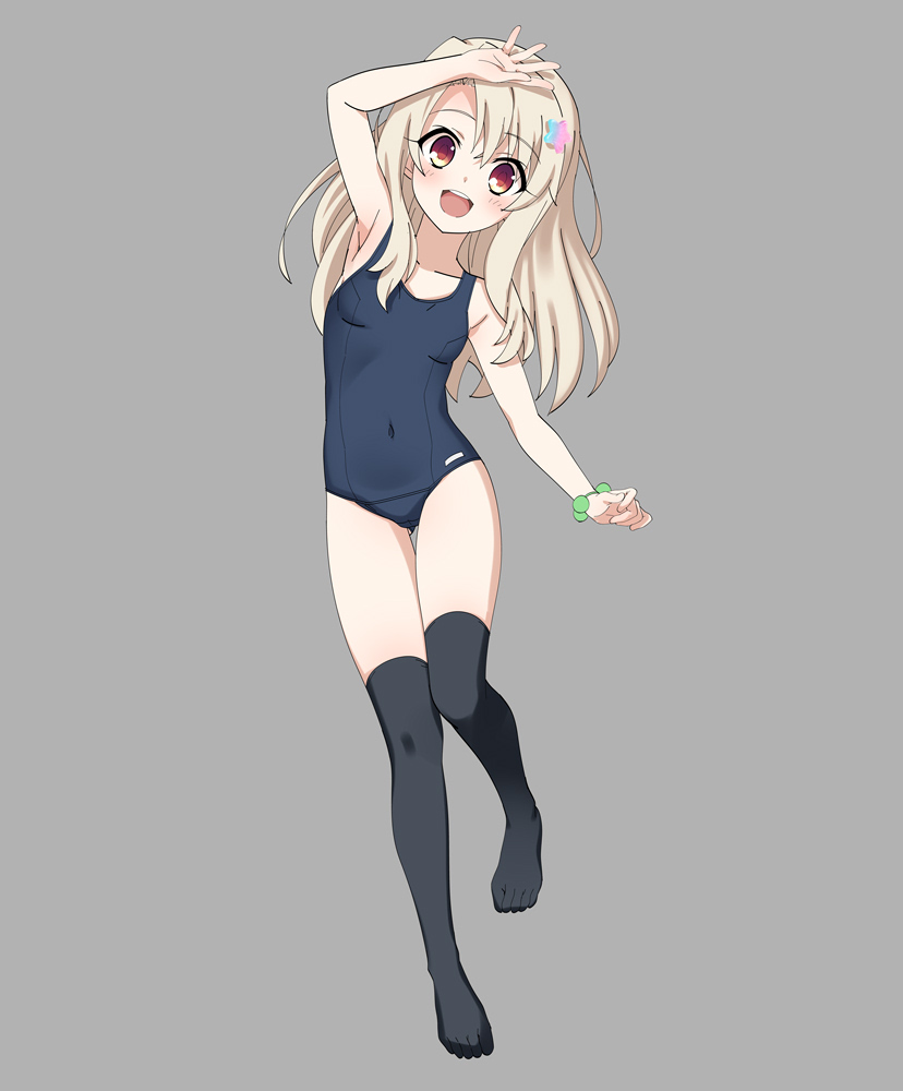fuu (koneko no yomeiri), illyasviel von einzbern, fate/kaleid liner prisma illya, fate (series), 1girl, bare shoulders, black thighhighs, blue one-piece swimsuit, blush, bracelet, breasts, covered navel, full body, jewelry, long hair, looking at viewer, one-piece swimsuit, open mouth, red eyes, sidelocks, small breasts, smile, solo, swimsuit, thighhighs, white hair