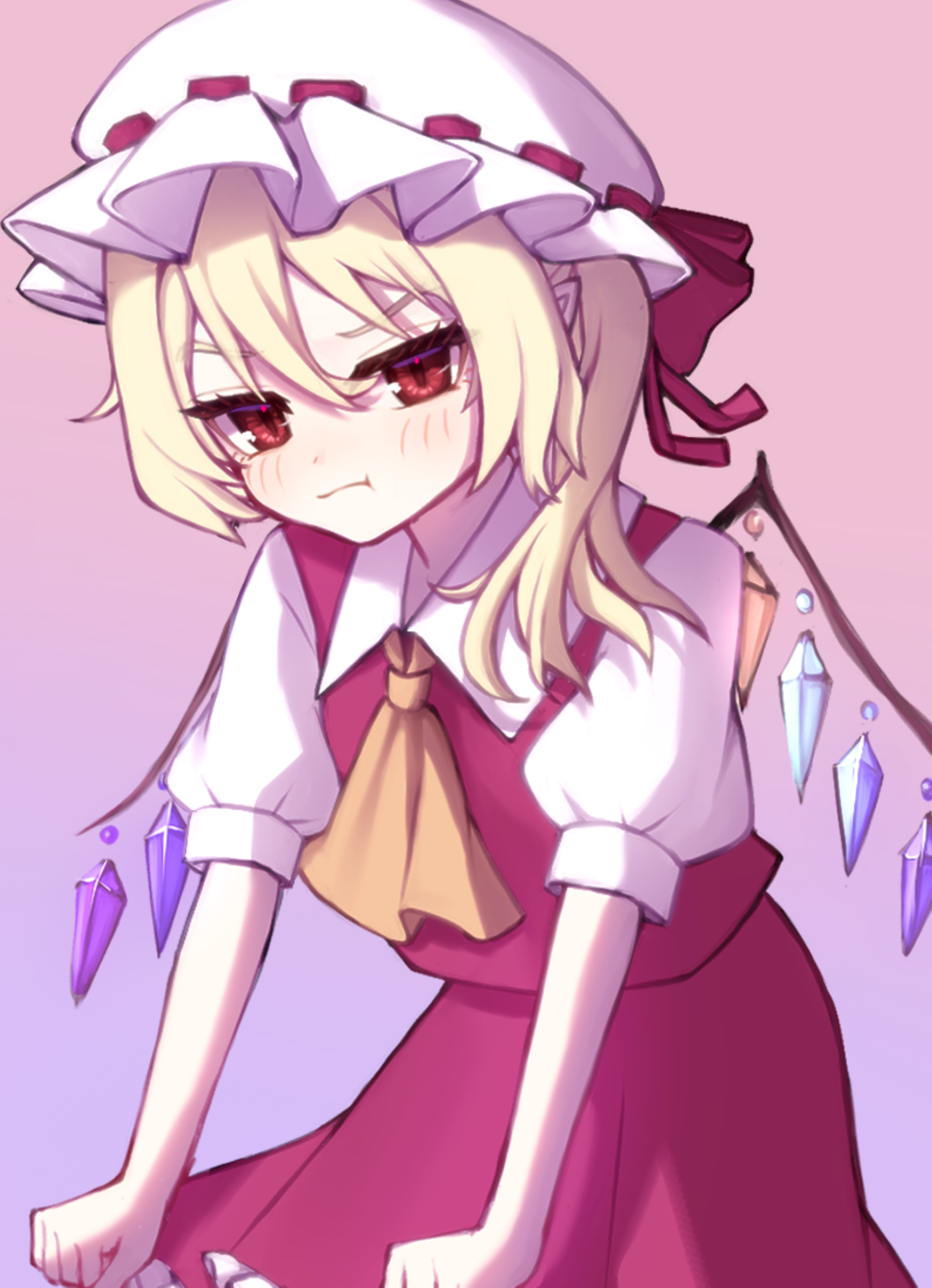 flandre scarlet, touhou, absurdres, commentary request, highres, 1girl, ascot, azumayu, blonde hair, blush, collared shirt, cowboy shot, crystal wings, furrowed brow, gradient background, hat, hat ribbon, long hair, looking at viewer, multicolored wings, pointy ears, pout, puffy short sleeves, puffy sleeves, purple background, red eyes, red ribbon, red skirt, red vest, ribbon, shirt, short sleeves, side ponytail, skirt, skirt hold, solo, vest, white hat, white shirt, wings, yellow ascot