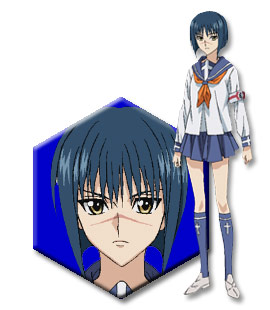 tsumura tokiko, busou renkin, lowres, 00s, blue hair, scar, school uniform, serafuku, yellow eyes