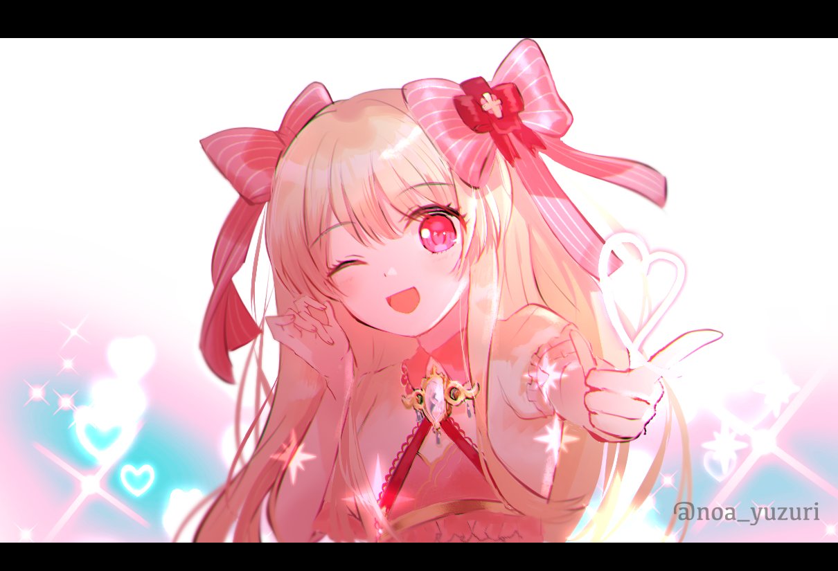 bad id, bad twitter id, 1girl, long hair, looking at viewer, noa yuzuri, one eye closed, open mouth, smile, solo, twitter username, upper body