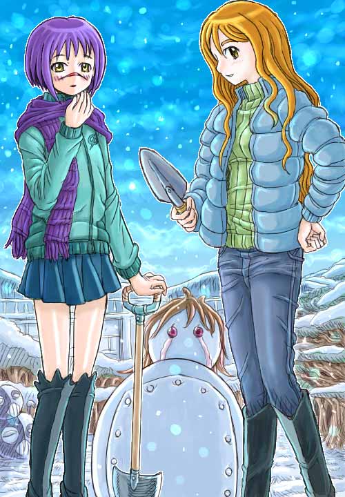mutou mahiro, tsumura tokiko, busou renkin, 00s, blonde hair, blue hair, brown eyes, scar, snow, yellow eyes