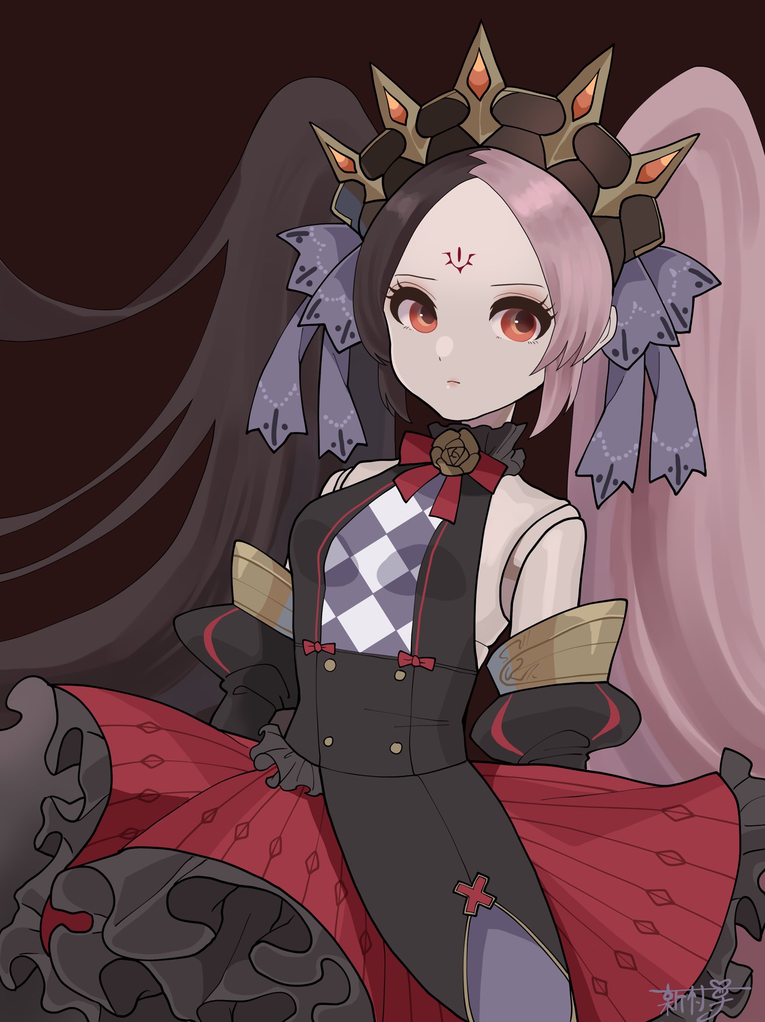 shin mura son, chaos dorloto (grimms notes), grimms notes, bad id, bad twitter id, 1girl, black hair, looking at viewer, pink hair, red eyes, solo, twintails