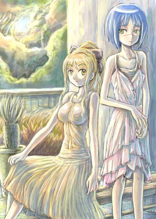 mutou mahiro, tsumura tokiko, busou renkin, 00s, blonde hair, blue hair, scar, yellow eyes