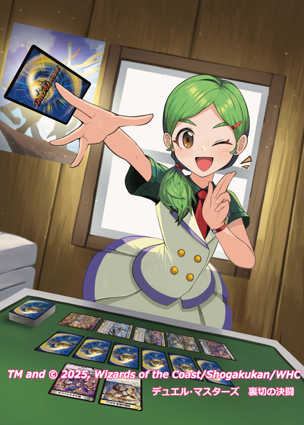 tesshii (riza4828), duel masters, commentary request, highres, official art, 1girl, ;d, ||/, bracelet, brown eyes, card, company name, copyright logo, copyright name, copyright notice, earrings, eyelashes, green hair, hair ornament, hairclip, holding, holding card, indoors, jacket, jewelry, karen (duel masters), light particles, medium hair, necktie, one eye closed, open mouth, outstretched arm, ponytail, poster (object), red necktie, shirt, short sleeves, skirt, smile, solo, tongue, white skirt, window, wooden wall