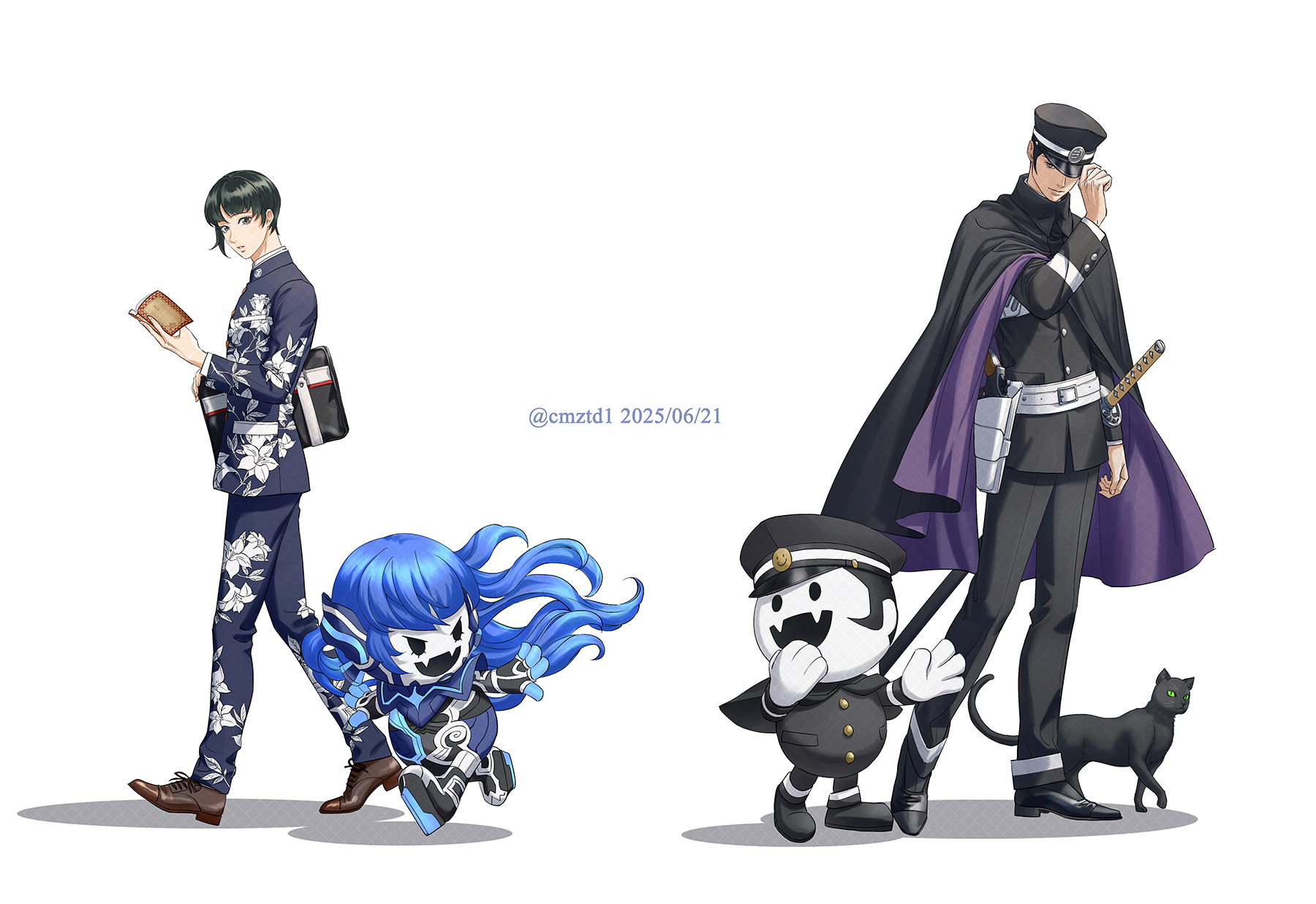 gouto, kuzunoha raidou, nahobeeho, protagonist (smtv), raiho, devil summoner: raidou kuzunoha vs the soulless army, devil summoner (series), shin megami tensei, shin megami tensei v, shin megami tensei v: vengeance, chinese commentary, commentary request, highres, 2boys, :d, animal, armor, bag, belt, black bag, black cat, black cloak, black eyes, black hat, black jacket, black pants, black shoes, blue armor, blue bodysuit, blue hair, blue jacket, bodysuit, book, brown shoes, buttons, cat, cloak, closed mouth, cmztd, dated, demon (megami tensei), fangs, floating hair, floral print, full body, gakuran, gun, hand up, hat, hat over one eye, hat tip, high collar, holding, holding bag, holding book, holster, in-franchise crossover, jacket, jouin high school uniform, katana, long hair, long sleeves, looking to the side, male focus, multiple boys, open mouth, outstretched arms, pants, parted lips, peaked cap, print jacket, print pants, running, school bag, school uniform, sheath, shoes, short hair, sideburns, simple background, smile, smiley face, solid oval eyes, sword, twitter username, walking, weapon, white background, white belt