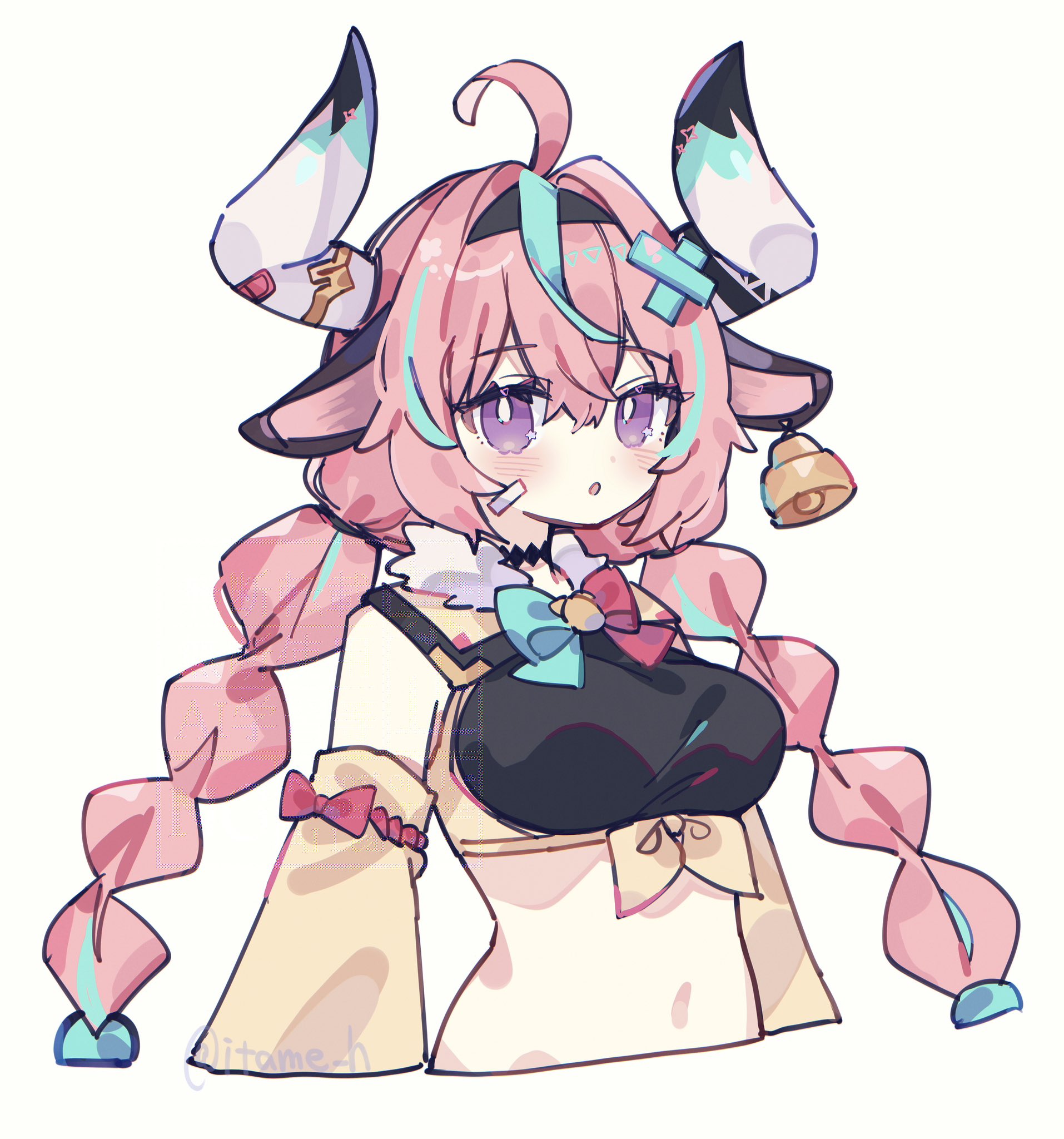 hisuiyasai, varesa (genshin impact), genshin impact, commentary request, highres, 1girl, ahoge, animal ears, aqua hair, artist name, blush, braid, breasts, bright pupils, cow ears, cow girl, cow horns, crop top, cropped arms, cropped torso, detached sleeves, ear bell, fur trim, hair ornament, horns, large breasts, midriff, multicolored hair, navel, parted lips, pink hair, purple eyes, simple background, solo, streaked hair, twin braids, twitter username, white background, white horns, white pupils, x hair ornament, yellow sleeves